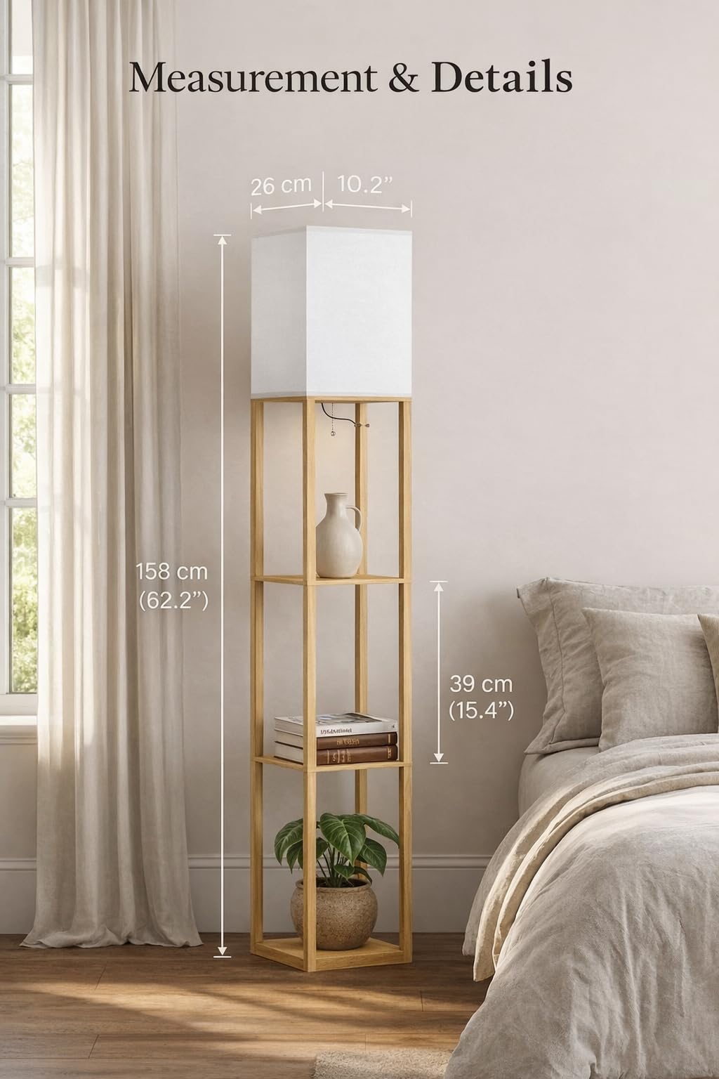 OUTON Stehlampe Holz mit Regal, 158 cm Stehleuchte, 3 Ablagen | 3 Farbtemperaturen, 9W E27 LED-Leuchtmittel, Stoffschirm für Wohnzimmer, Schlafzimmer, Büro, Flur, Gästezimmer