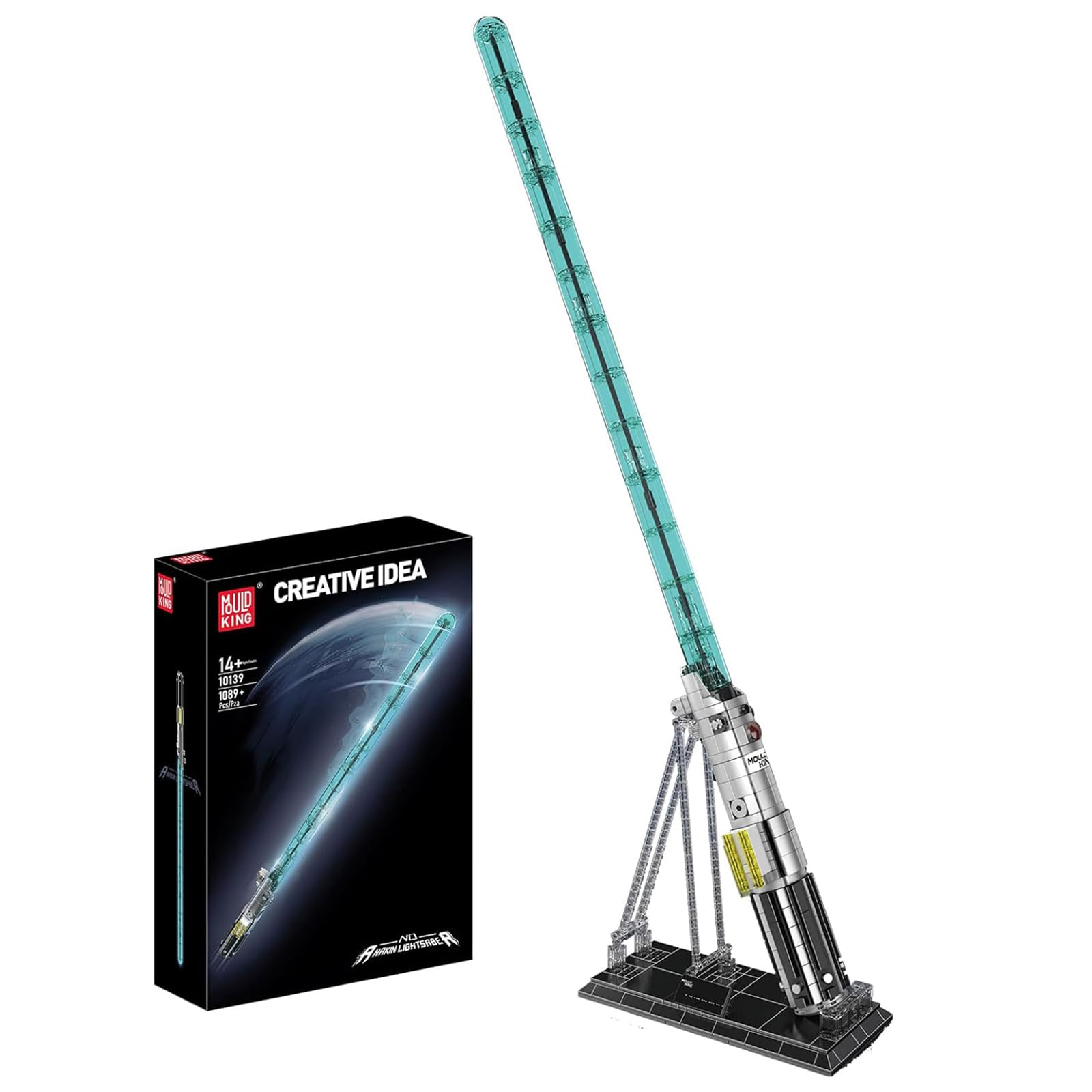 Mould King 10139 Technik Lichtschwert-Baustein-Set MOC Klassische Blaue Klinge mit Lichteffekt edlem Ständer Ständer Kreatives Cosplay Anime Technologie Klemmbausteine Bausatz（1089+ Teile）