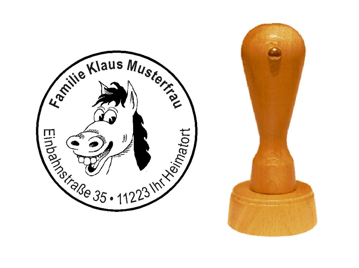 Stempel personalisiert runder Holzstempel lustiges Pferd Pferdekopf Adressstempel Ø 40 mm mit persönlicher Adresse und Motiv