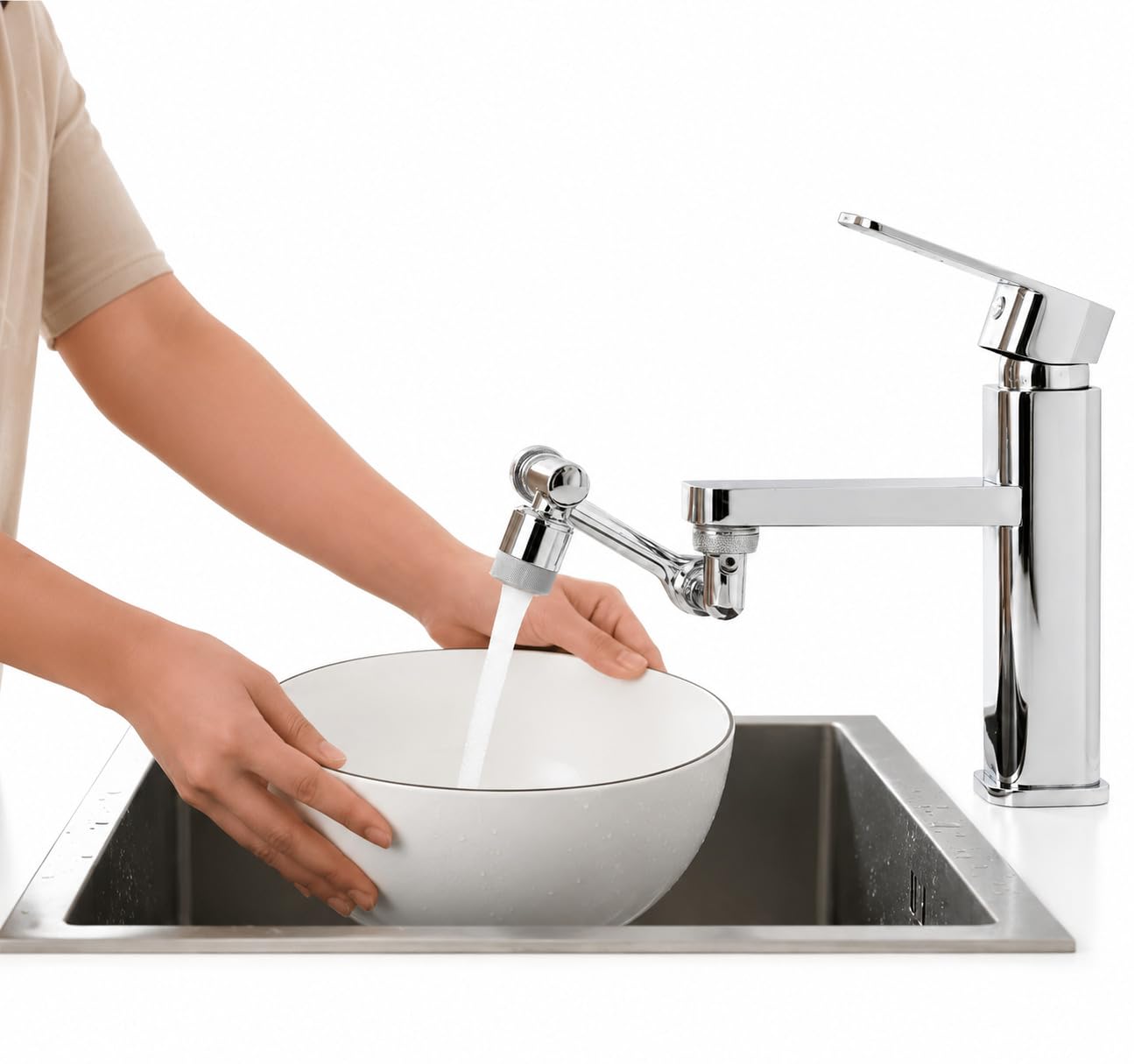 1080° Universal Faucet Extender for Kitchen Sink & Bathroom Tap, Rotating Robotic Arm Water Saving Aerator, 2 Mode Splash Filter Nozzle, 360° Swivel Tap Extension, ABS Chrome Finish, Easy Installation-image-39