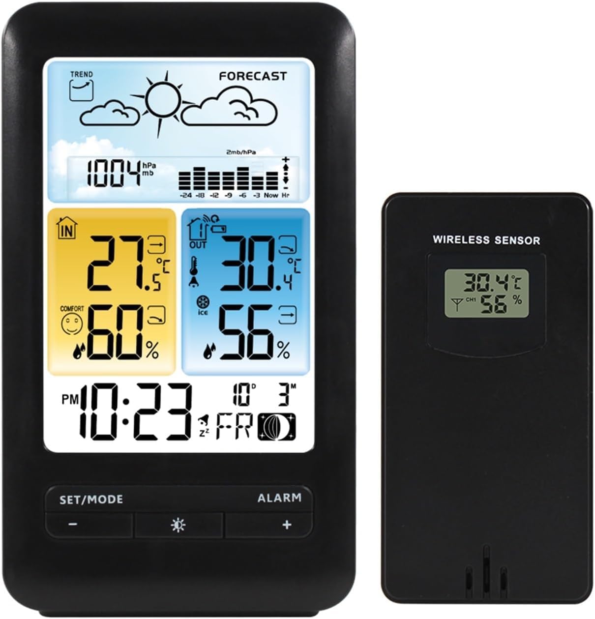 Estación meteorológica inalámbrica para interiores y exteriores, termómetro e higrómetro, monitor digital de temperatura y humedad con pantalla grande, pronóstico del tiempo, reloj y fecha.