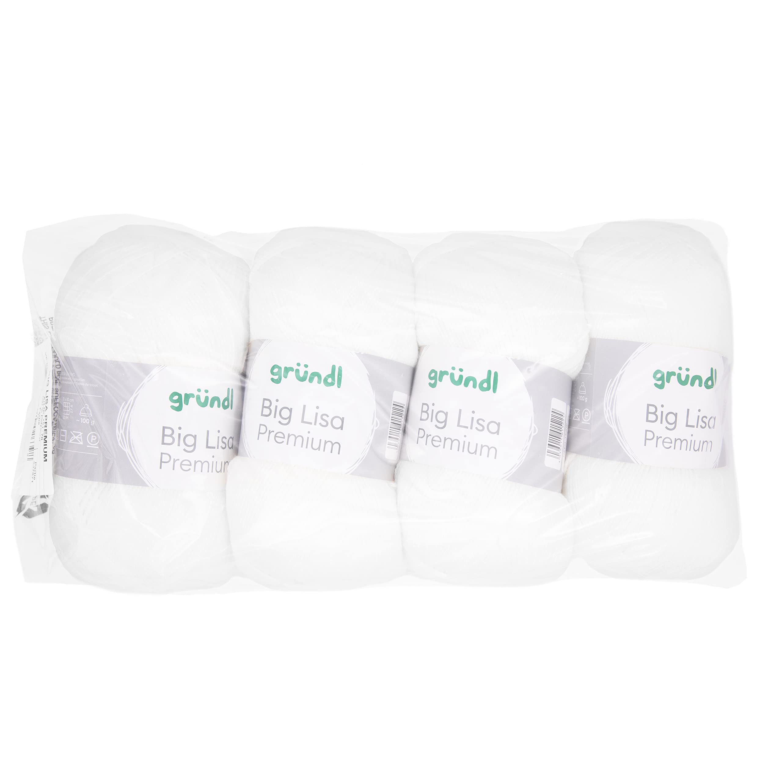 Gründl Big Lisa Premium Knitting & Crochet Yarn (Soft and Wool-Like Character, Easy Care 100% Polyacrylic Yarn, 250g/665m, Needle Size: 3.5-4.5, 4 Balls of 250g) White