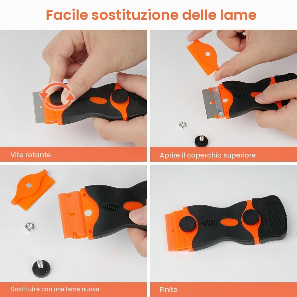 Ainiv Raschietto per Piano Cottura In Vetro, con 20 Lame di Ricambio Per Raschietto, Multiuso, per Pulizia Per Etichette, Decalcomanie, Adesivi, Calafatoio, Vernice In Vetro (Arancione - Doppia Testa)