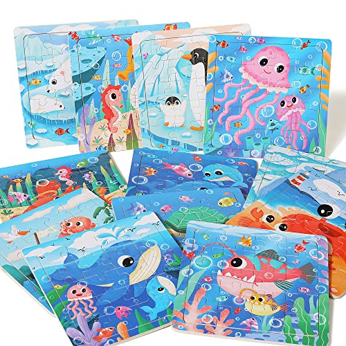 Kidus 12 Pack Wooden Puzzle For Kids 3-8 Years Old, Sea Animal Travel Puzzles For Toddlers, Preschool Education Learning Puzzle Return Gifts For Boys And Girls Birthday #TOP5