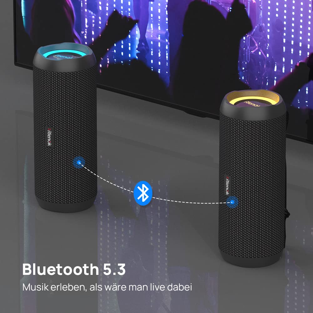 RIENOK Bluetooth Lautsprecher 30W mit Licht Bluetooth 5.3 Musikbox Bass Kabellos Box mit IPX7 wasserdicht Stereo Sound Tragbar