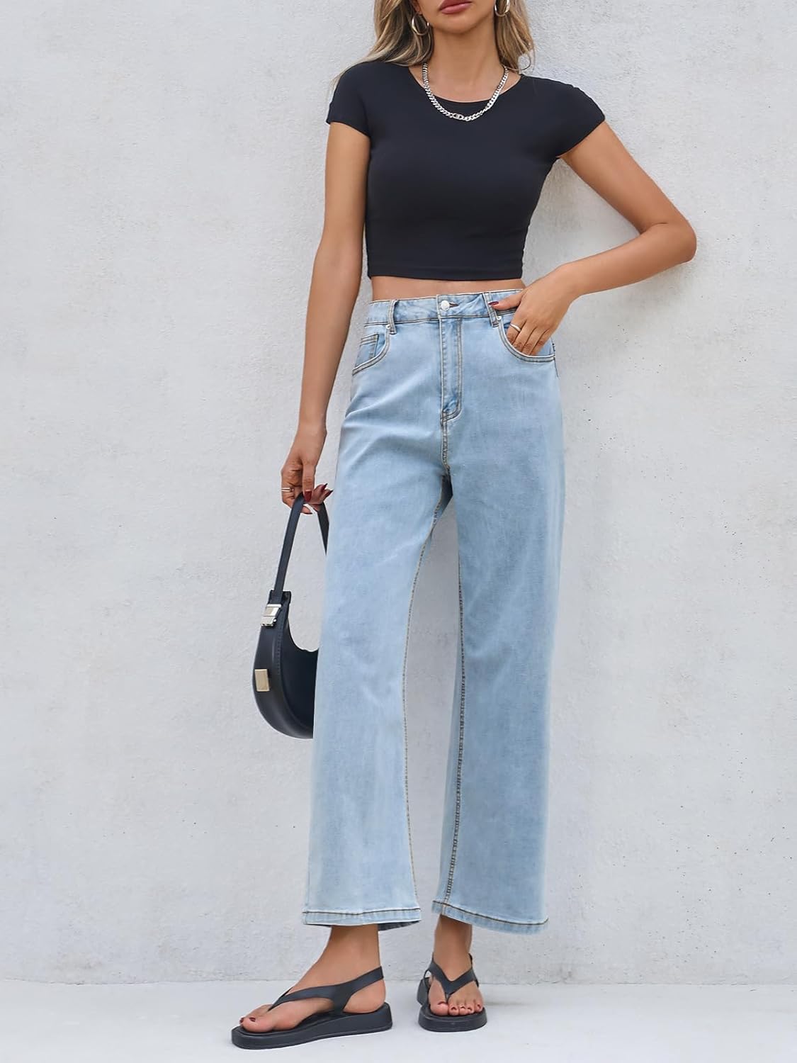 Cicy Bell Womens Baggy Horseshoe Jeans Boyfriend Wide Leg Vintage Mid Rise Cropped Denim Pants Light Blue - Image 6