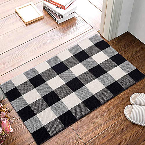 Mubin Buffalo Plaid Rug 2X3 Ft Outdoor Black And White Checked Rug Cotton Reversible Hand-Woven Indoor Washable Entryway Front Porch Decor Rugs For Layered Welcome Front Door Mats #TOP3
