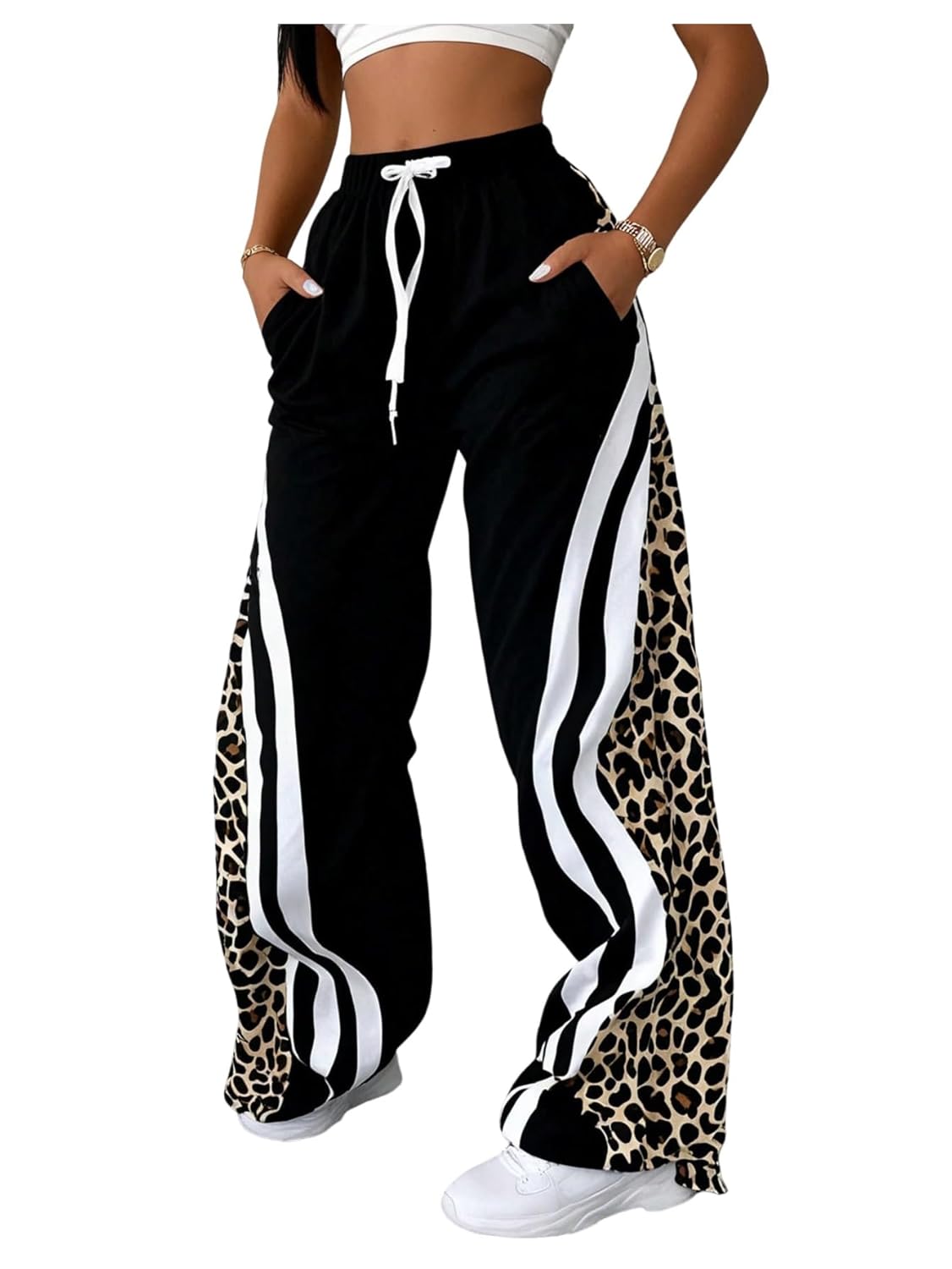 GORGLITTER Womens Plus Size Leopard Pants Wide Leg Cheetah Print Sweatpants Color Block Striped High Waisted Trousers
