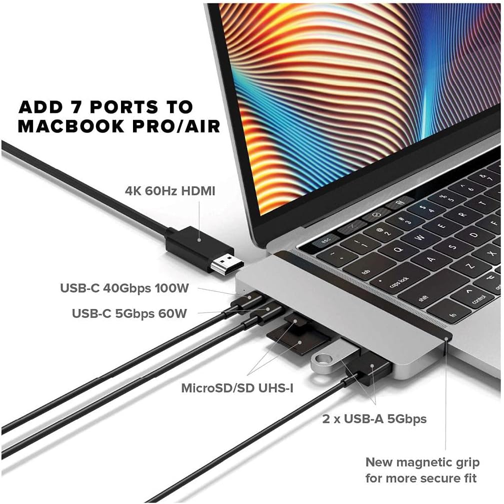 HyperDrive Duo 7-in-2 MacBook USB C Hub — for Mac w/Dual Ports, 4K60Hz HDMI, 40Gbps USB-C 100W Power Delivery, USB-A, SD/MicroSD, Magnetic Mount — (Silver)