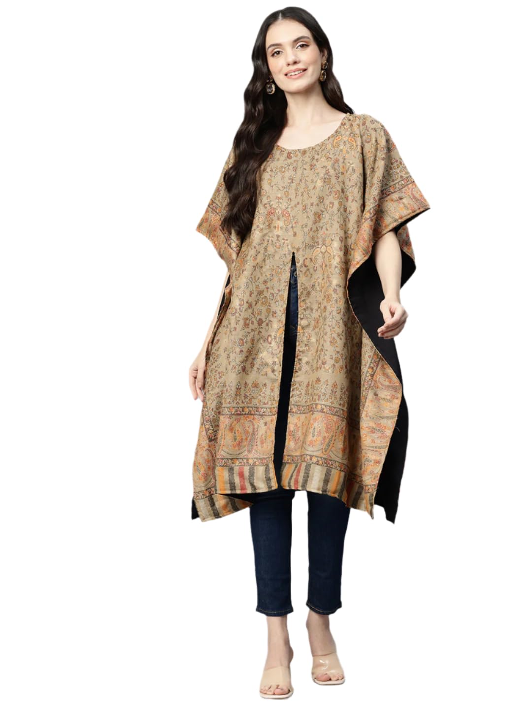 Women Beige Kani Woven Yoke Design Kaftan KF8_Beige-image-21