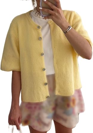 Women Short Sleeve Sweater Cropped Cardigan Button Front Knit Chunky Vest Trendy Y2k Preppy Girl Knitted Top Shirt