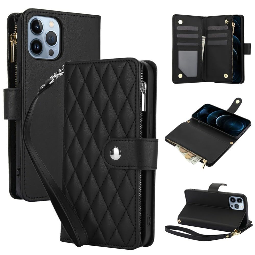 Generic - Funda tipo libro para iPhone 16 Pro (color negro) con tapa de piel con correa larga