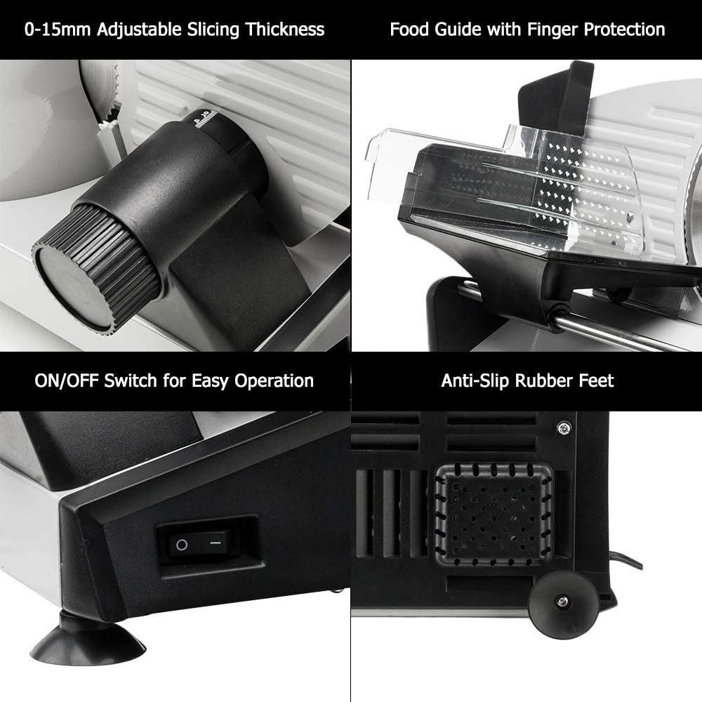 Close-up view of ZOKOP Deli Food Slicer features including thickness knob, finger protection, power switch, and anti-slip feet.