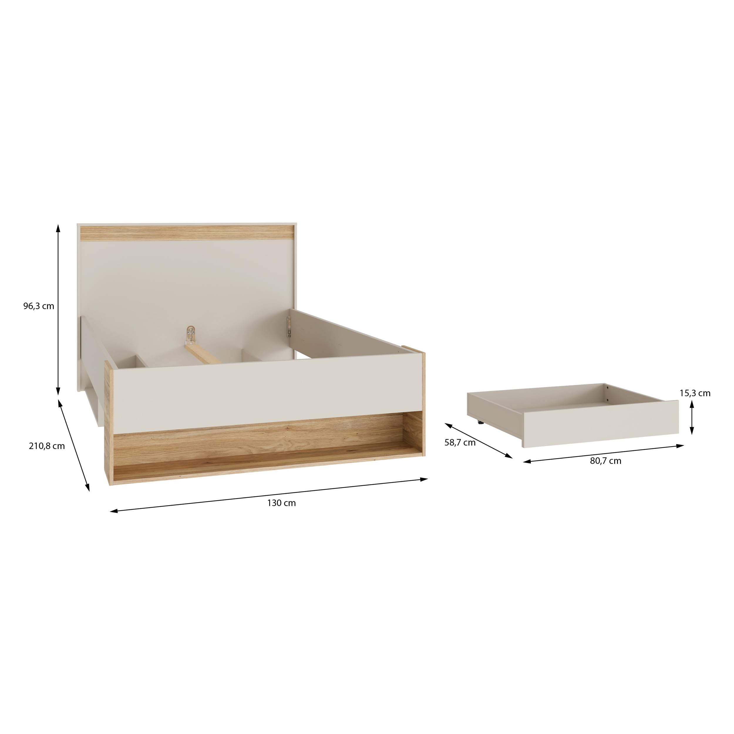 Forte WEXLIN Bettgestell, Liegefläche 120 x 200 cm, modernes Bett mit Schublade und Regal, Kinder- und Jugendzimmer,Kaschmir|Beige|Mauvella Eiche Holzdekor, 130 cm breit x 96,3 cm hoch x 210,8 cm tief