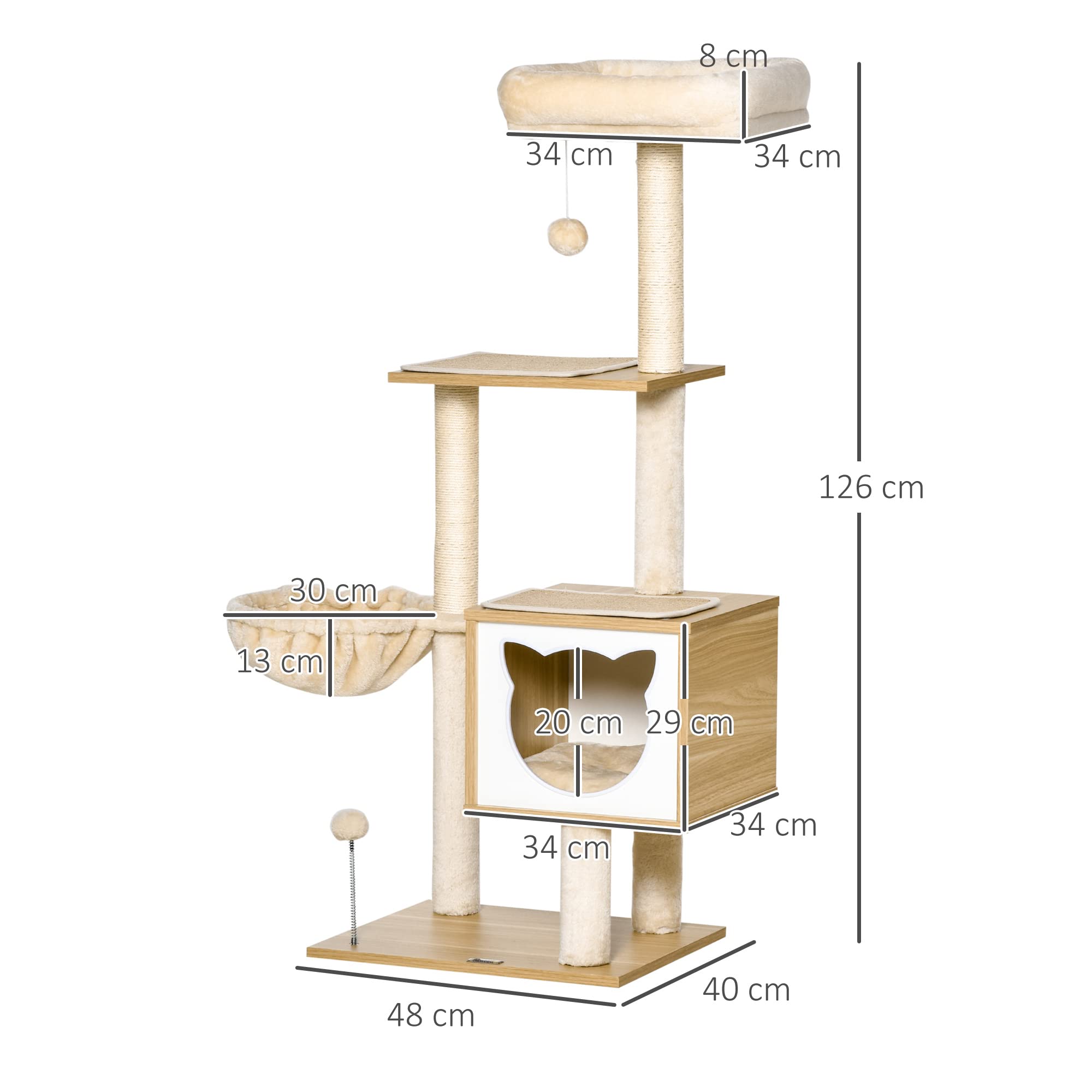 PawHut Árbol Rascador para Gatos 126 cm con Plataformas Hamaca Cueva Beige | Árbol para Gatos, Torre Escalador, Cama, Postes de Sisal, Bolas, Cojines Lavables