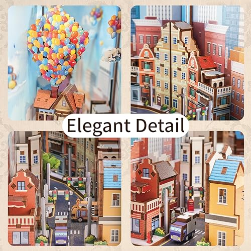Image of Tonecheer DIY Book Nook Kit for Adults,3D Wooden Puzzle Bookend Bookshelf Insert Library Decor, Booknook Miniature House Kit with Body Motion Sensor LED Light (Travel with The Wind)