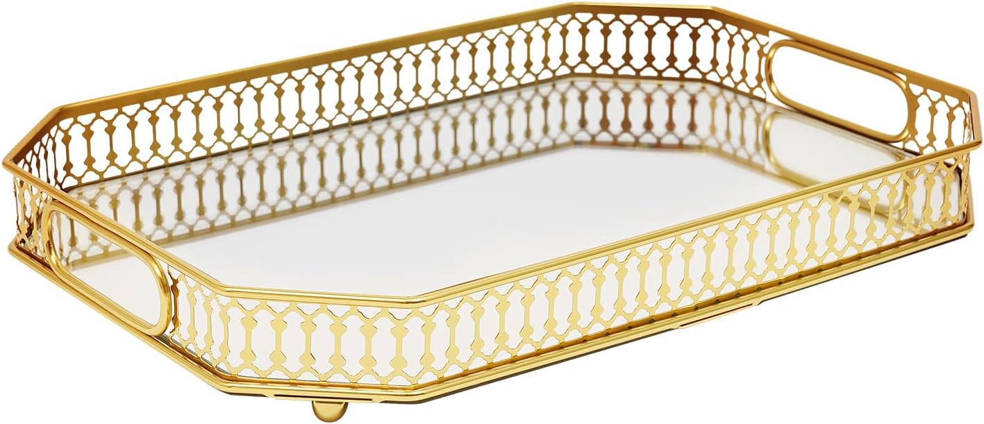 Gold Decorative Tray Rectangular Desktop Tray - Multi-Purpose Heavy-Duty Polished Finish for Serving Centerpiece Display or Bathroom Storage Handmade Solid Metal with Elegant Design and Non-Slip Base