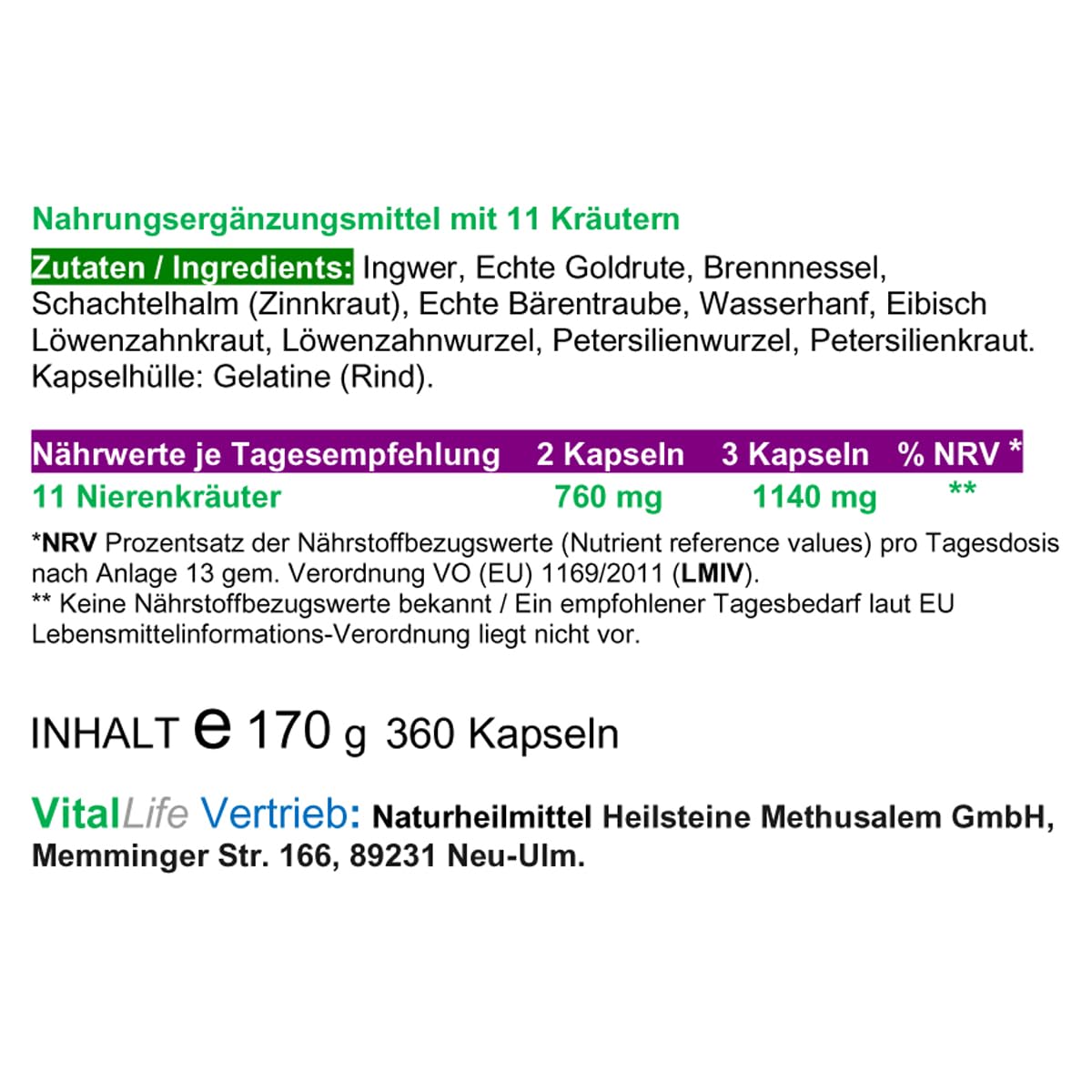 NIEREN Kapseln 11 Kräuter "Nierenkräuter" 360 Kapseln NATUR pur. Goldrute Eibisch Bärentraube Wasserhanf Brennnessel Schachtelhalm uvm - 6 Monatsvorrat. OHNE Zusatzstoffe. 26311-360