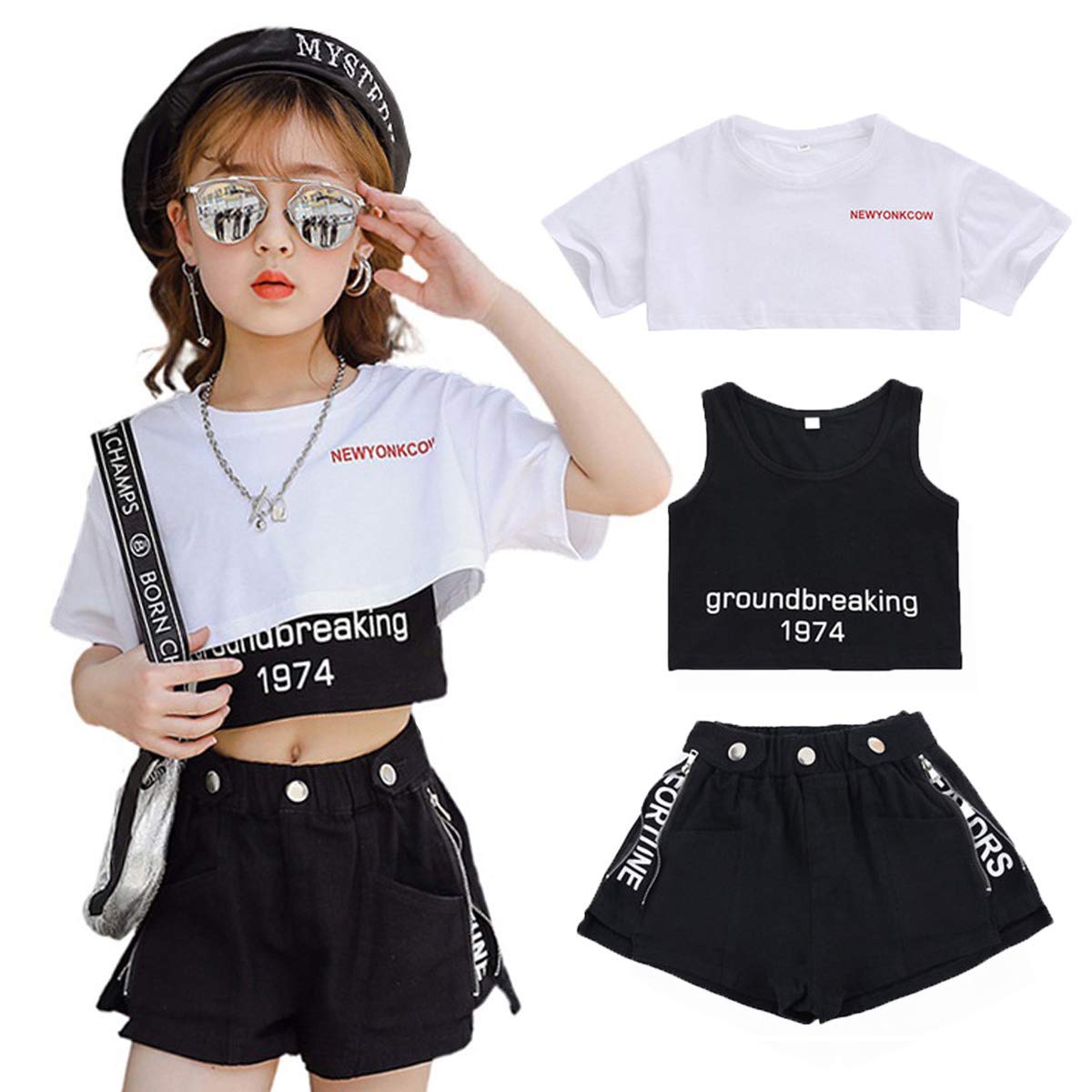 LXXIASHI 3PCS Toddler Baby Girl Summer Outfit Short Sleeve Crop Top + Tank Top + Shorts Set (Letter Print - Black White, 5-6 Years)