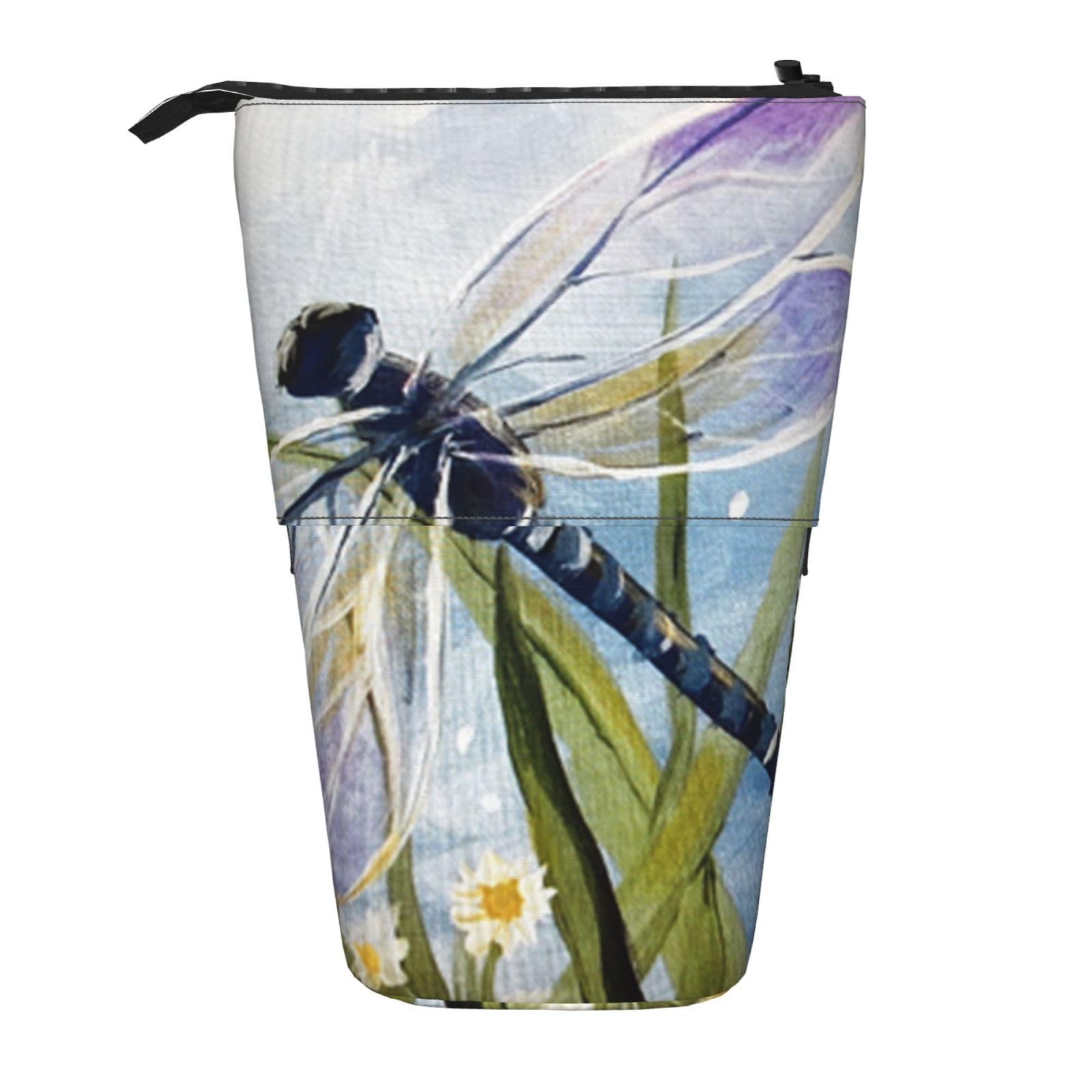 AABSTBFM Dragonfly Painting Expandable Vertical Pencil Case - Multi-Purpose Pen Bag and Makeup Pouch for School, Office, and Travel