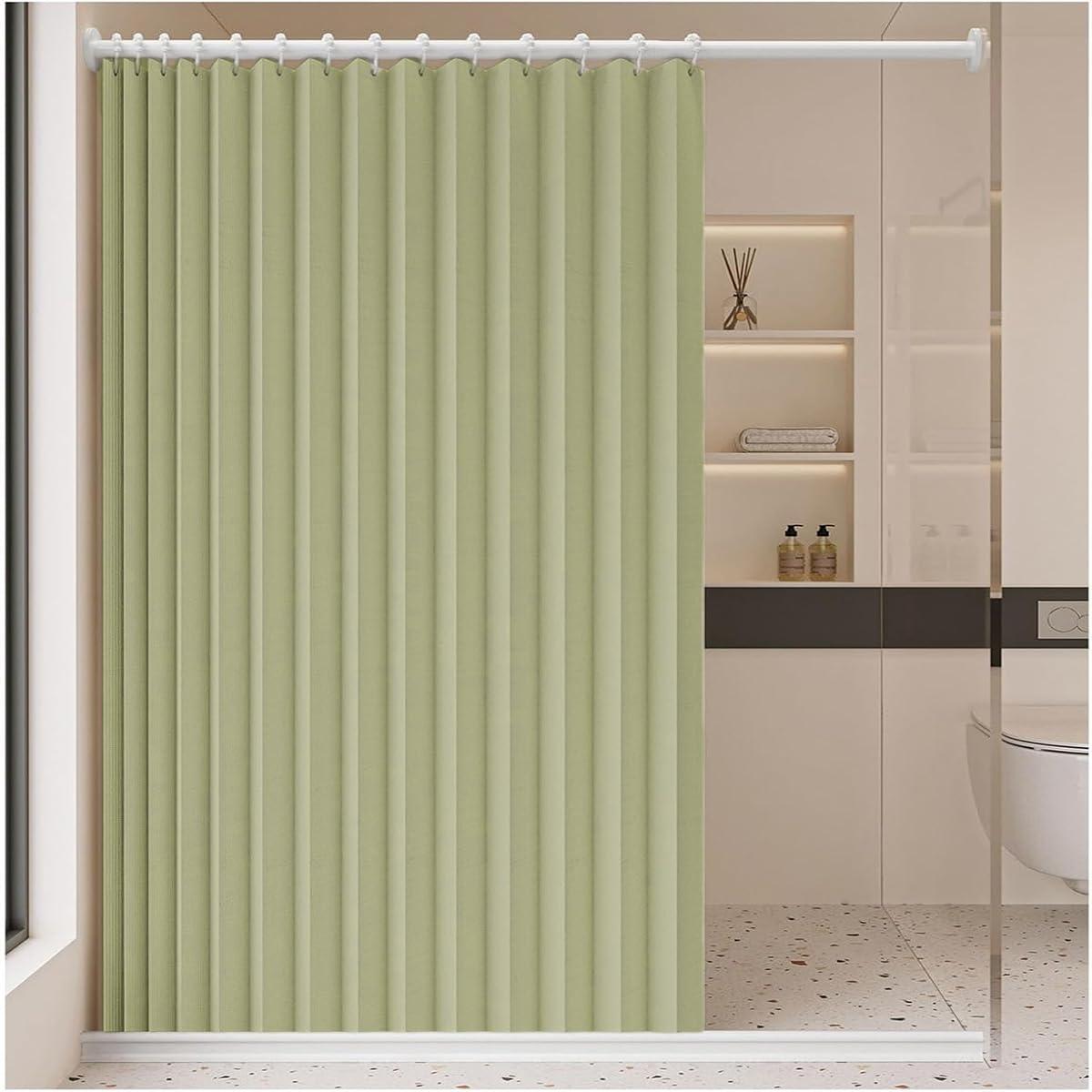 Single tree forest Magnetic waterproof foldable shower curtain, protect privacy, suitable for home partitions, bathrooms.- W150xH220cm-Green โ image 1