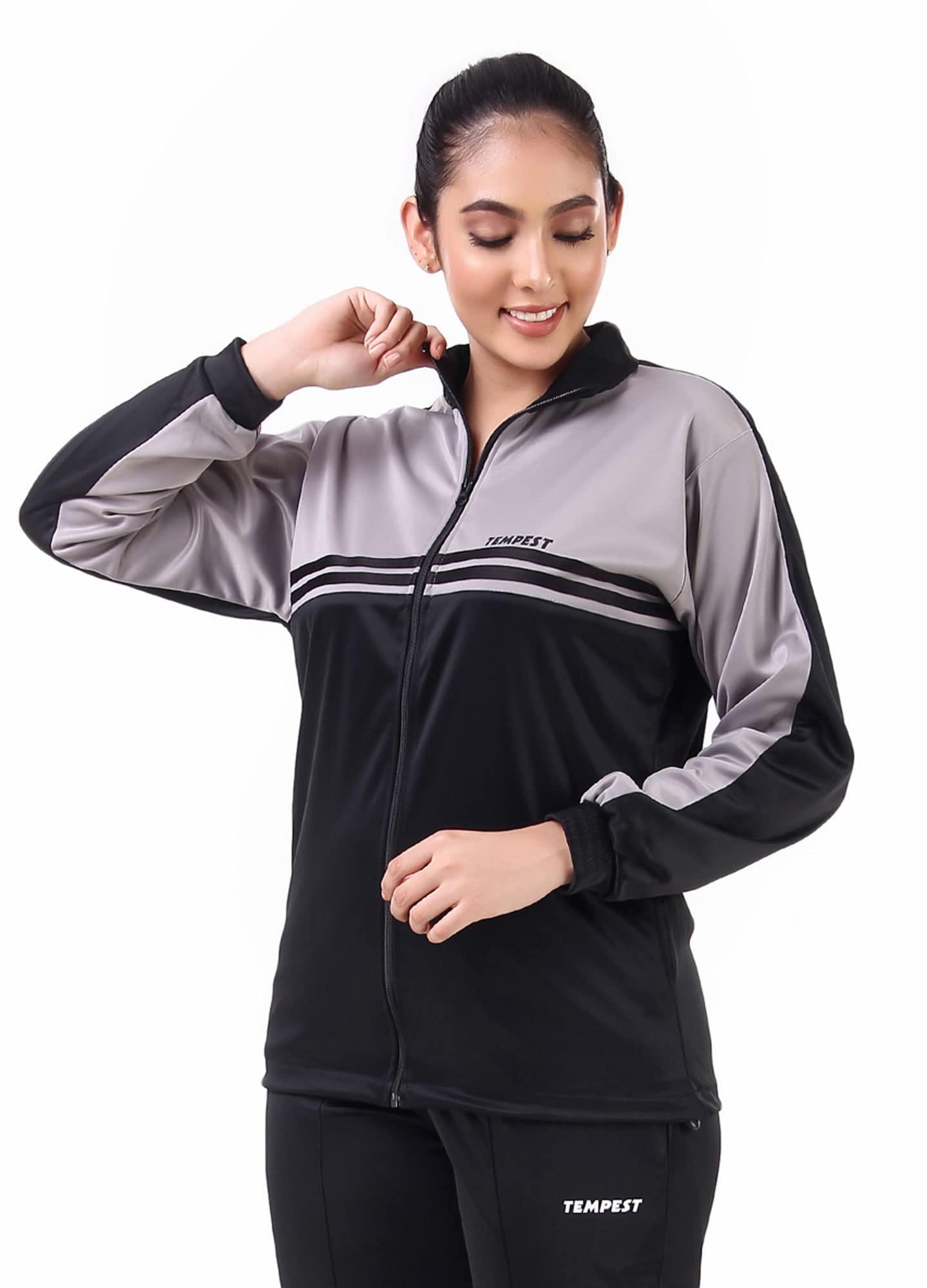 TEMPEST Sports Track Tops for Women's or Girl's Polyester Regular Fit Solid Track Jacket with Zippers and Pocket Stylish, Trending and Gym wear (2XL, Black/Light Grey) 1