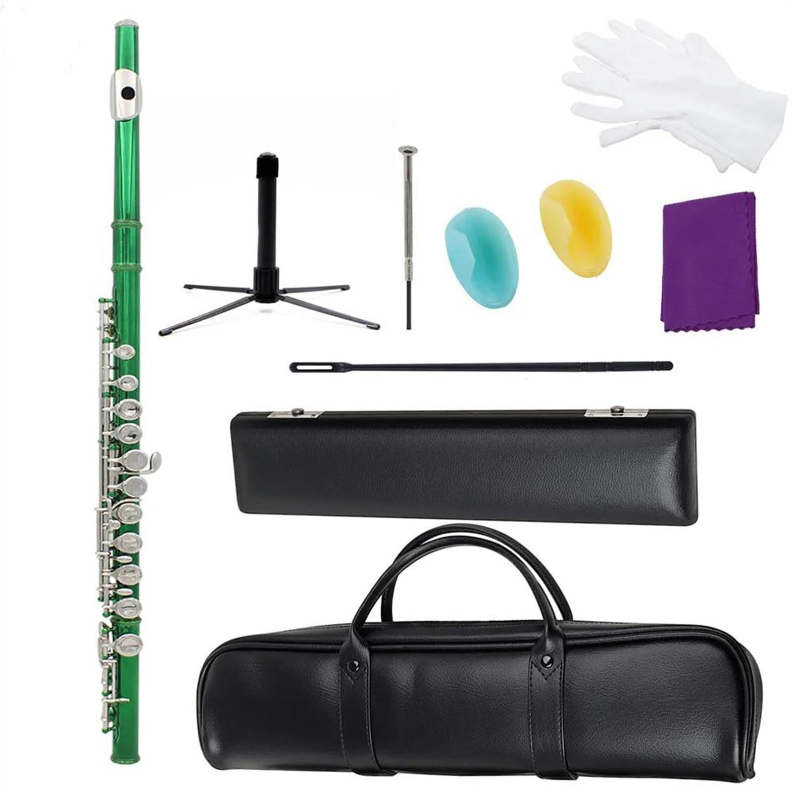 Flauta de llave plateada niquelada con tubo de cuproníquel verde de 16 agujeros con estuche y soporte para flauta Flauta Travesera Kit