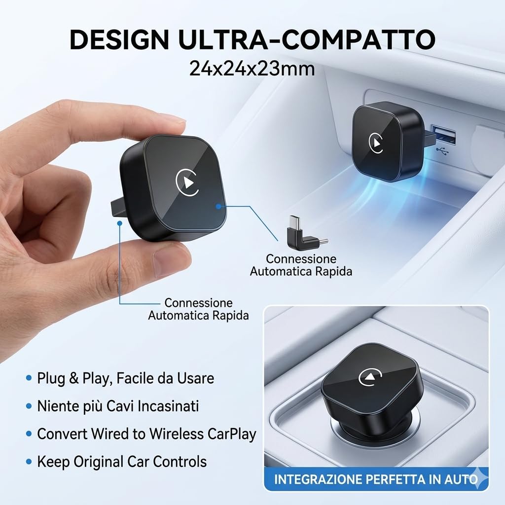 Adattatore CarPlay Wireless, adatto per Veicoli Dotati di CarPlay cablato, la funzionalità Plug and Play consente una Connessione rapida e stabile CarPlay Wireless, Dotato di Adattatore di Tipo C