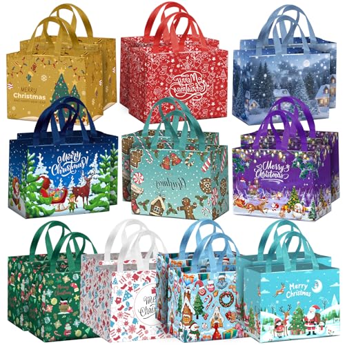 AURUZA 20PCS Christmas Gift Bags with Handles - Multi-Design & Color Durable Reusable Non-Woven Bags for Xmas Party Supplie