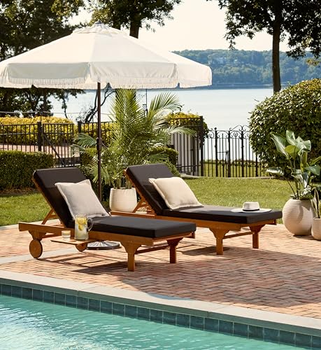 Image of SAFAVIEH Outdoor Collection Newport Natural / Black Cushion Built-in Side Table Adjustable Chaise Lounge Chair