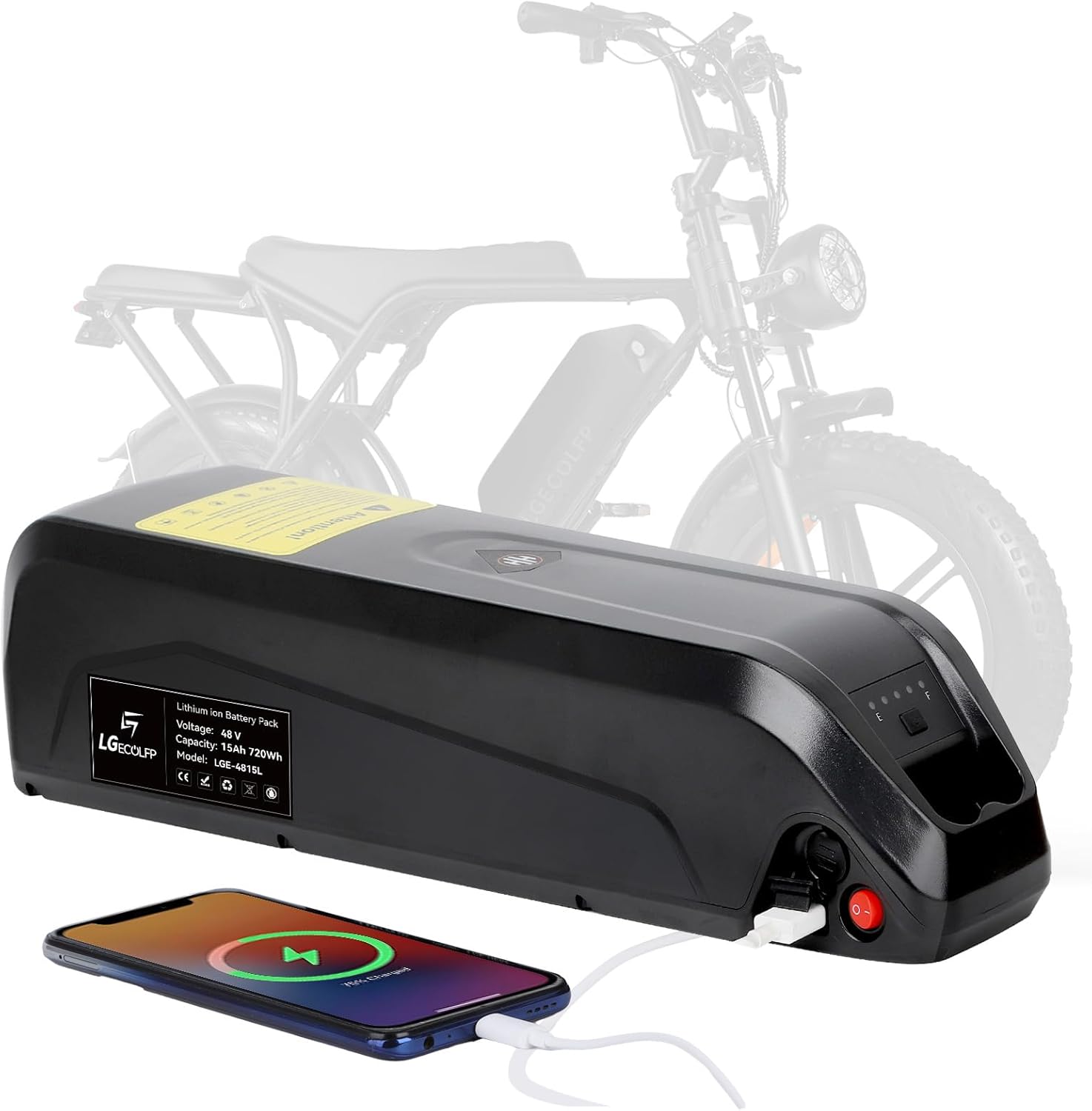 48V 15Ah Lithium B attery Pack for 0-1000W Motor with 30A BMS, LED Indicator, Safety Lock,5Pin Base,USB Port