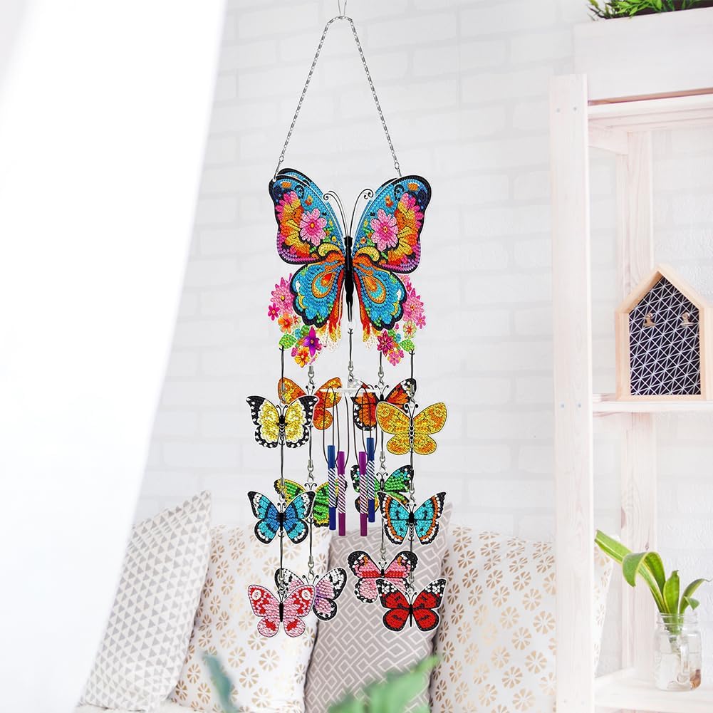 Diamond Art Wind Chimes Kit, Double Sided 5D DIY Diamond Painting Suncatchers Home Hanging Ornament for Garden(Flowers and Butterflies-1)