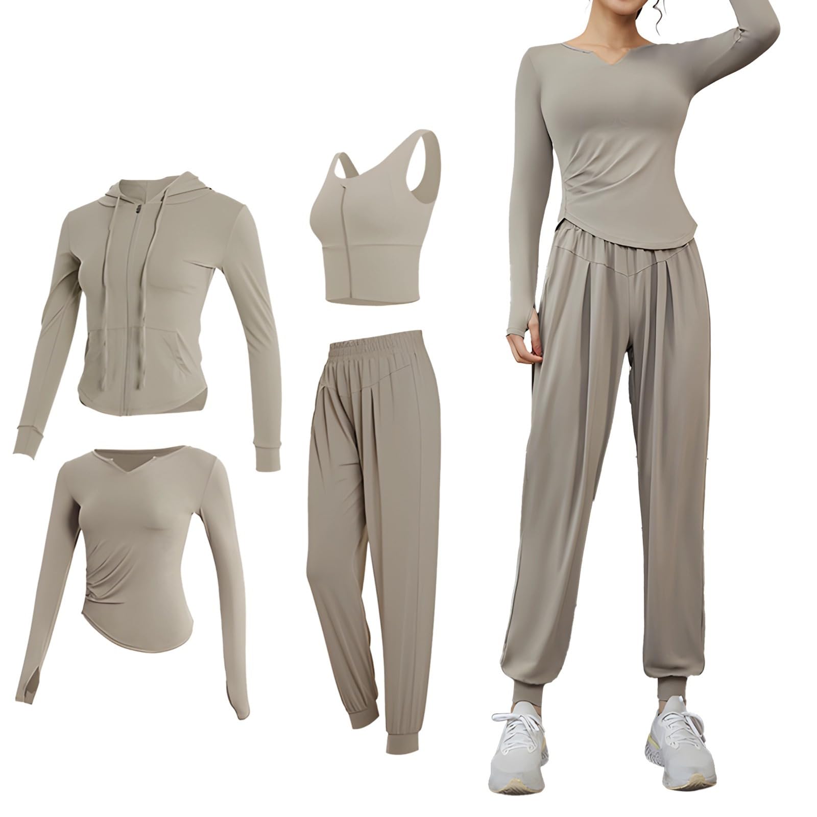 Womens Long Sleeve Workout Set 4-Piece Activewear With Xxl Option Breathable Polyester And Spandex For Fitness And Casual
