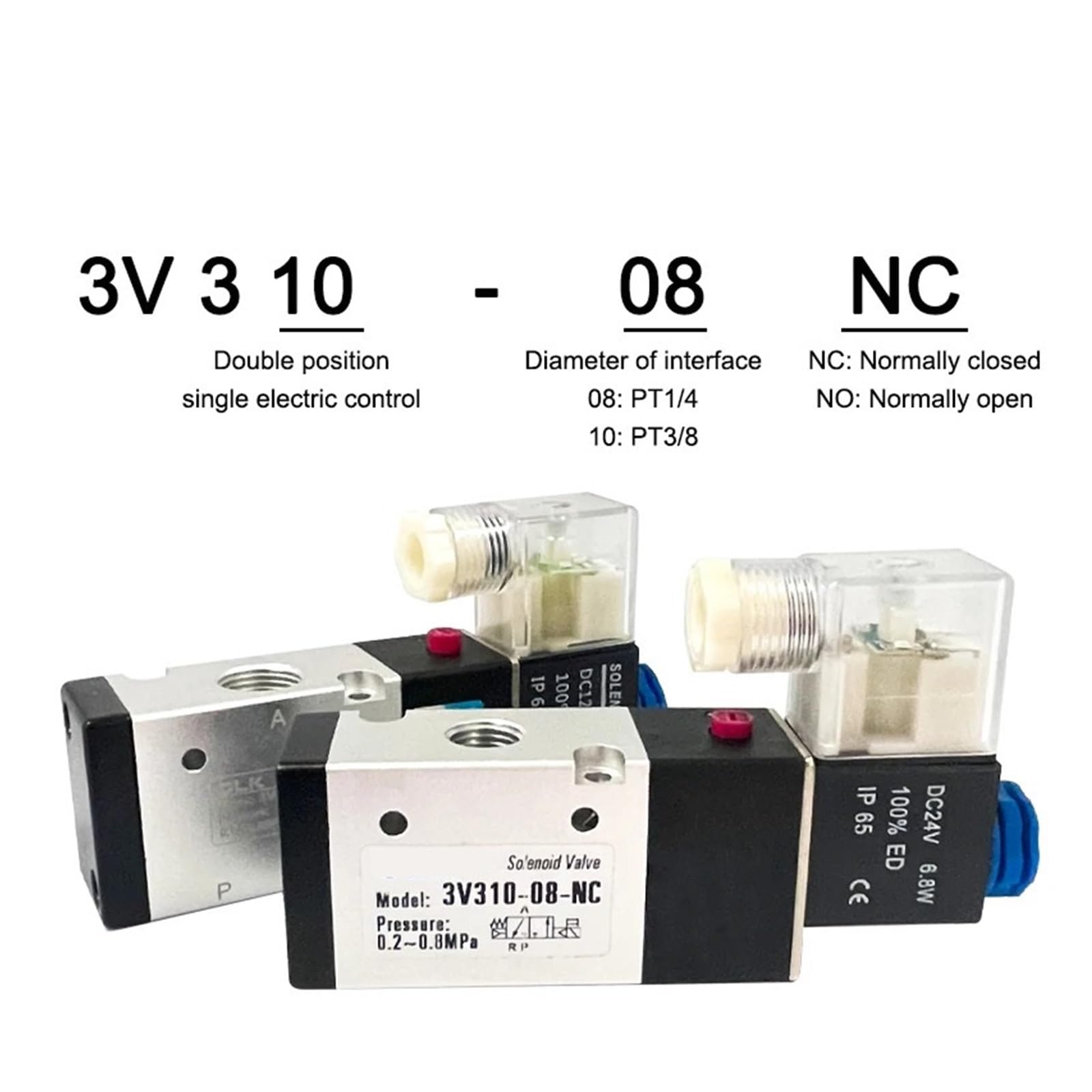 3V310-08/10 Pneumatisches Magnetventil Normal Geschlossen/Offen 3/2 Weg mit Armaturen DC12V 24V AC110V 220V Spule Volt(3V310-10-NO 12MM)