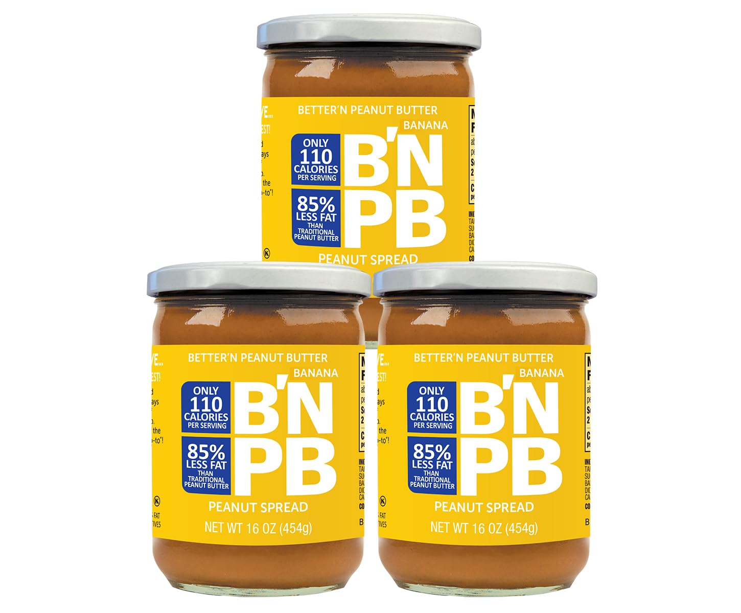 Low Fat Banana Peanut Butter Spread by Better’n Peanut Butter, Creamy Low-Calorie Peanut Spread with No Saturated Fat, Gluten Free, Dairy Free, Non GMO, Kosher, Pack of 3, 16 oz. Glass Jars