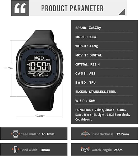 Miniatura 4 de CakCity Reloj digital para hombre, impermeable, reloj deportivo con cronómetro, cuenta regresiva, doble hora, cuadrado, relojes digitales unisex