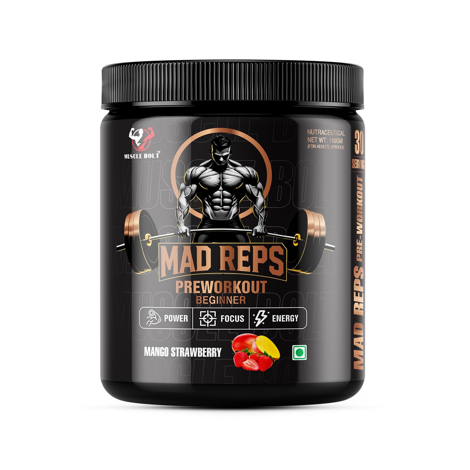 MUSCLEBOLT 180 Gram 30 Servings Pre Workout Supplement Powder with Creatine Monohydrate, Arginine Beta-Alanine, For Explosive Energy, Pump & Focus (Mango Strawberry)-image-7