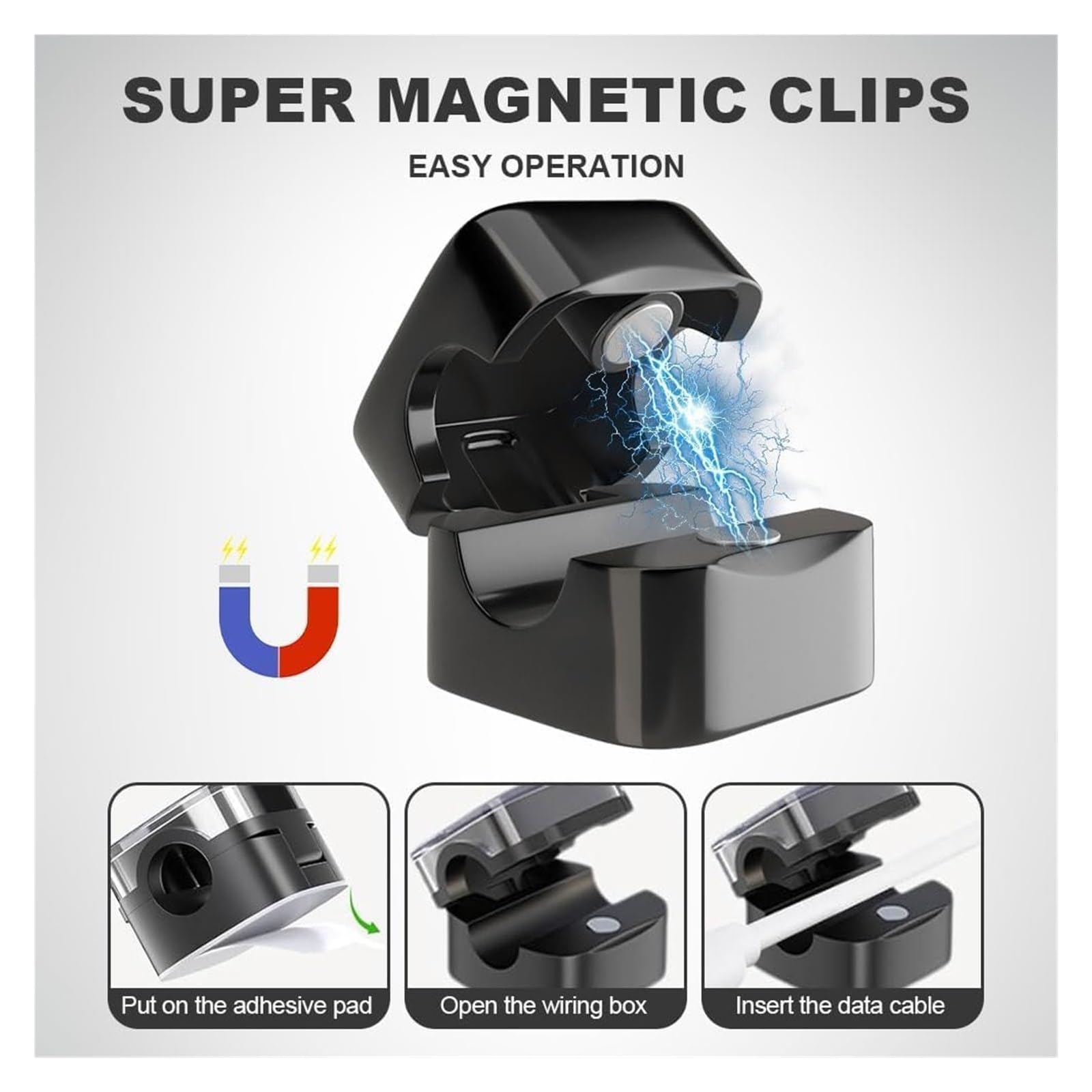 6 Pezzi Clip Magnetiche Per Cavi Di Ricarica – Organizer Da Scrivania Autoadesivo – Tieniti In Ordine! (Nero Trasparente)