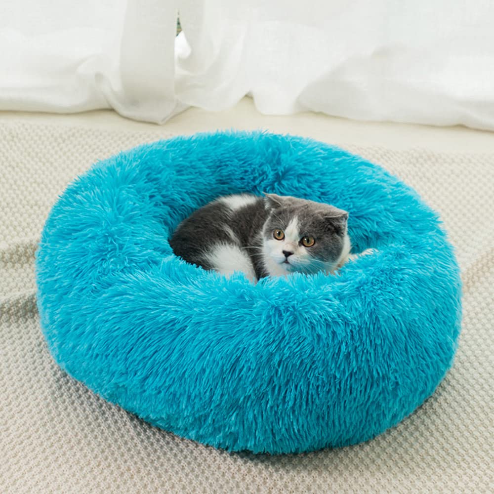 Calming Round Dog Bed, Plush Fluffy Donut Dog Bed for Small, Medium and Large Cats Dogs, Dog Bed Washable Soft and Fuzzy for Stress-Relief, Relaxation and Calm Blue 80cm