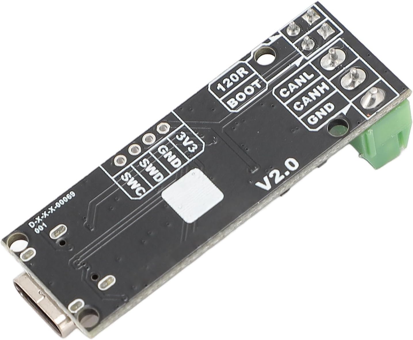 Bottom view of the Denash CANable 2.0 USB to CAN Analyzer module showing pinout labels.