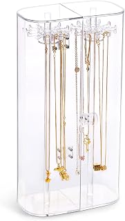 Spinning Tubular Acrylic Jewelry Storage Holder, Rotating Organizer - 24 Hooks for Dressing Table, Cosmetic Stations, Dresser, Bathroom Vanity Countertop - Holds Necklaces, Bracelets Clear