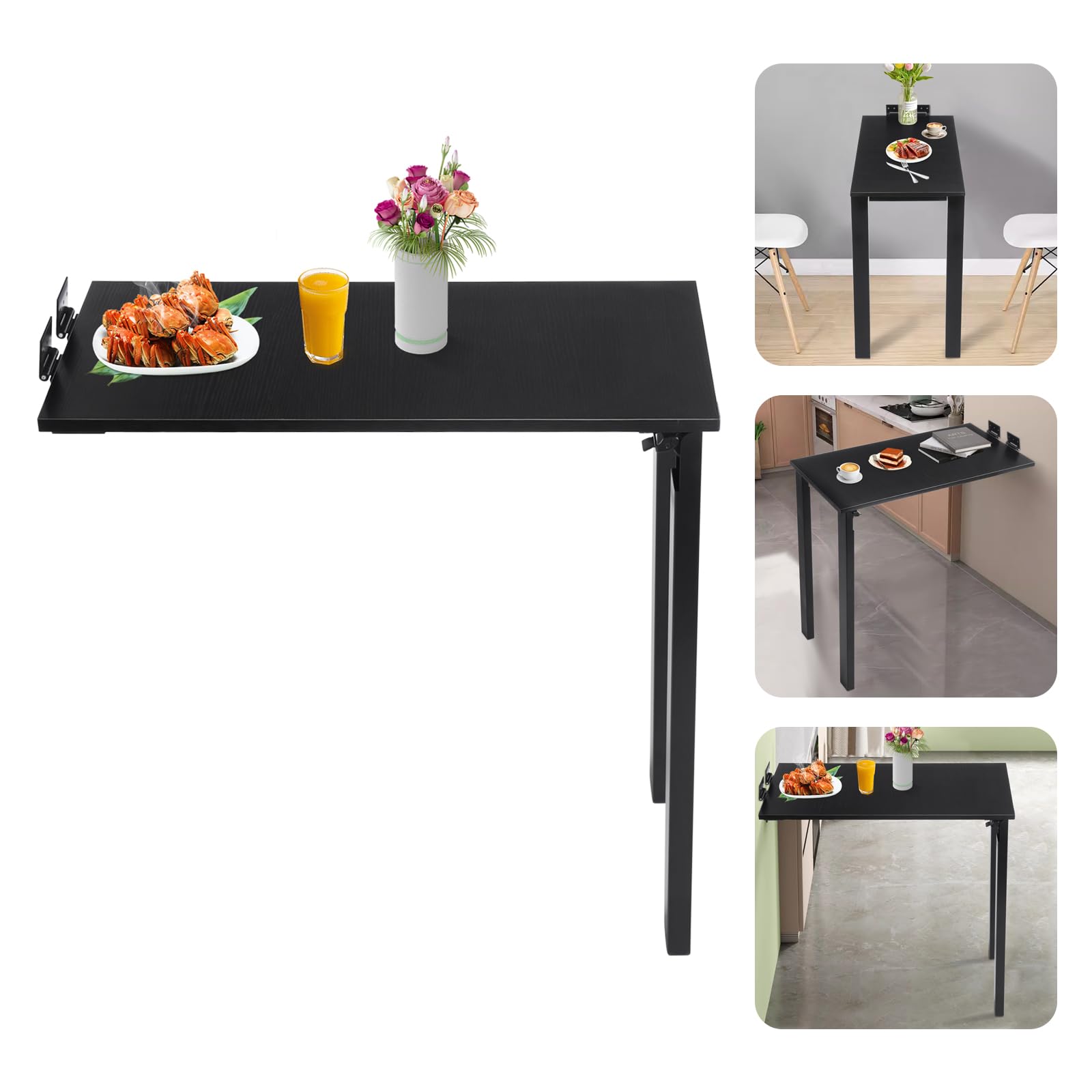 Table de salle à manger pliante murale - Table de cuisine pliable - Peu encombrante - Charge maximale : 60 kg - Pour salle à manger, chambre à coucher, bureau, etc (noir)