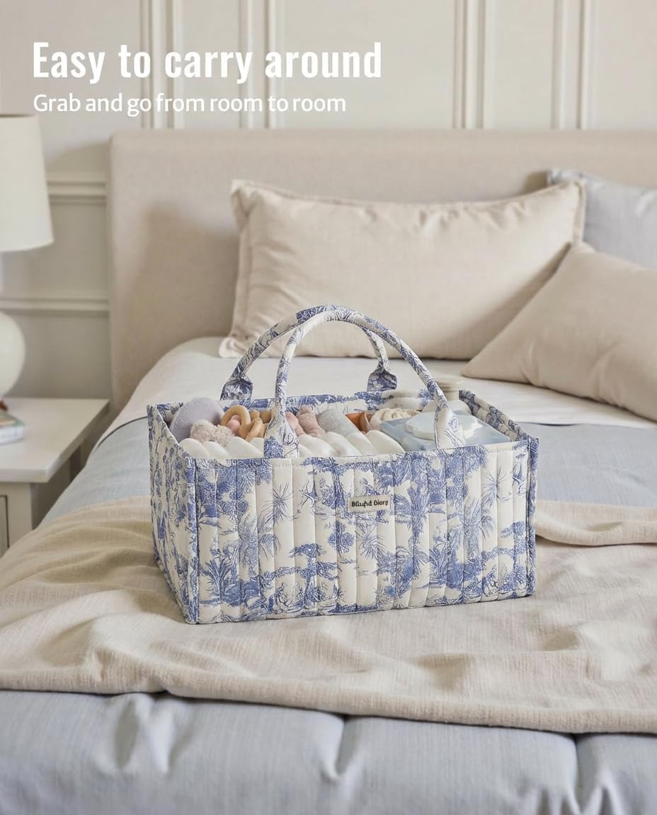 Starnearby Panier de Rangement Bébé en Tissu Matelassé, Panier à Couches pour Bébé à Motif Floral, Rangement pour Couche et Lingette, Organiseur de Couches pour Table à Langer, Voiture (Fleurs bleues)
