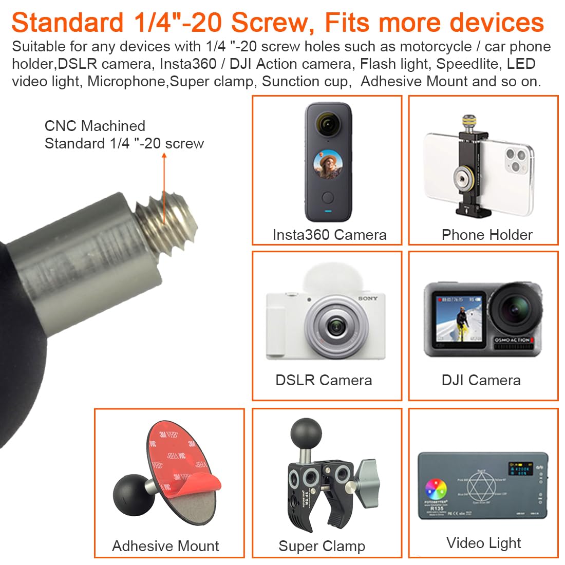 Adapter do montażu kulowego 2.5 cm z gwintem 1/10.2 cm-20 do Insta360 DJI OSMO Action Pocket3, czujniki ruchu, urządzenia, mocna kulka, kompatybilny z mocowaniami RAM, rozmiar B, podwójne gniazdo Arm1