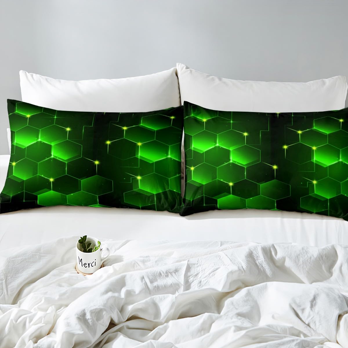 Feelyou Set Biancheria Da Letto Per Bambini Con Controller Gioco E Motivi Geometrici - Verde Nido D'Ape (Piumino + Federe) - 4