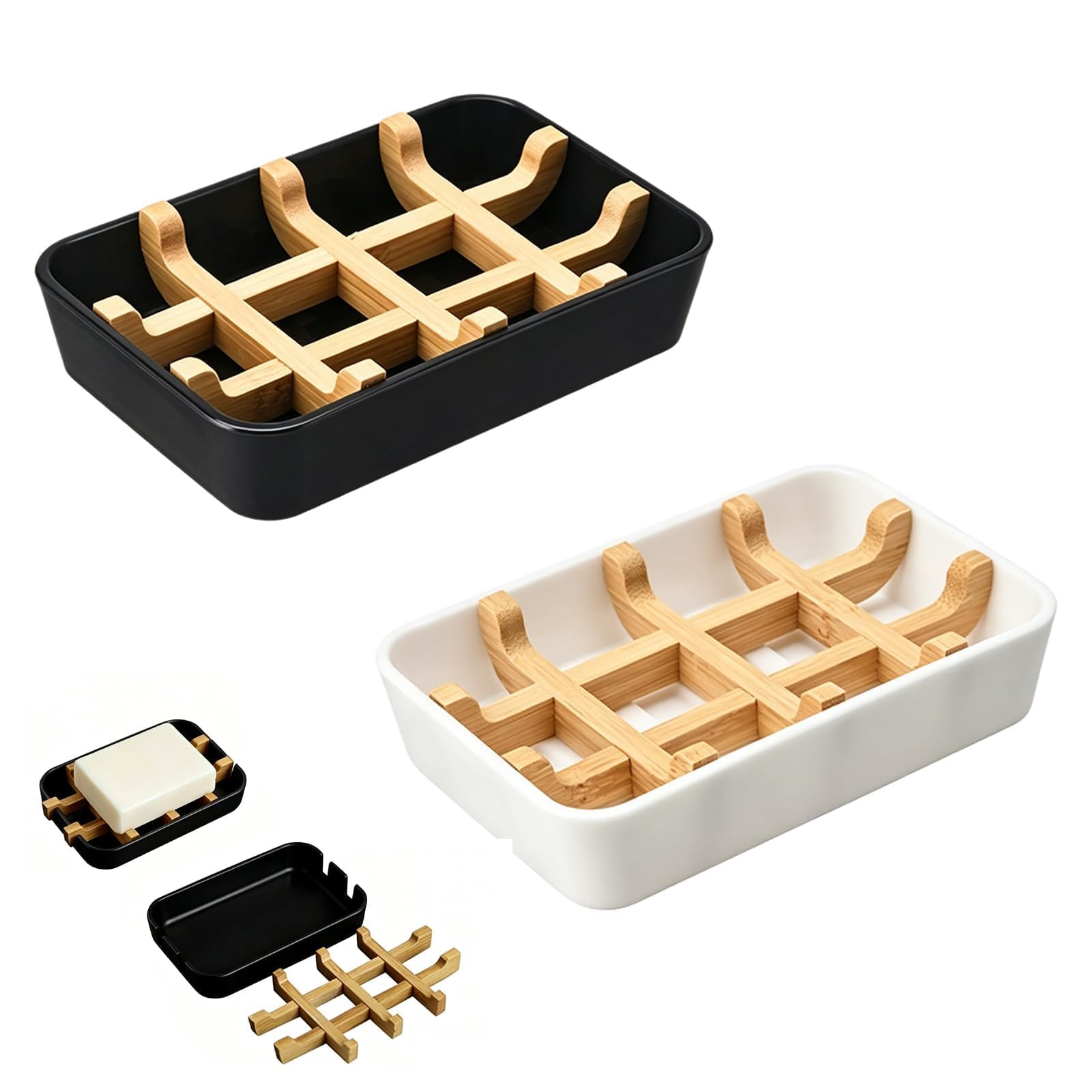 2Pcs Bamboo Soap Dish With Drainage, Soap Dishes Wooden Soaps Tray