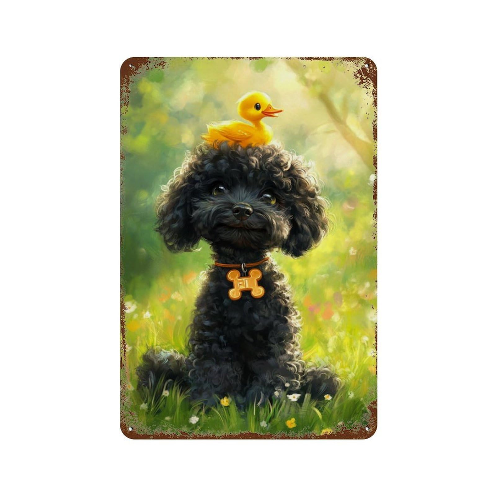 Rust Effect Black Poodle with Yellow Duckling -2 Vintage Metal Tin Sign 11.8"x7.9", Vintage Wall Decor for Office, Studio And Wall Decor