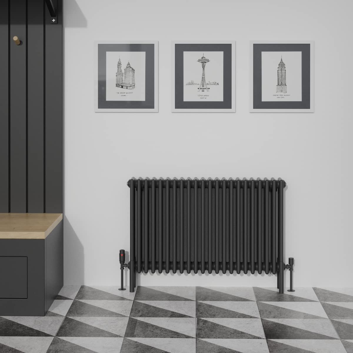 Warmehaus Traditional Cast Iron Style Black 4 Column Horizontal Radiator 600x1010mm Central Heating Space Saving Radiators