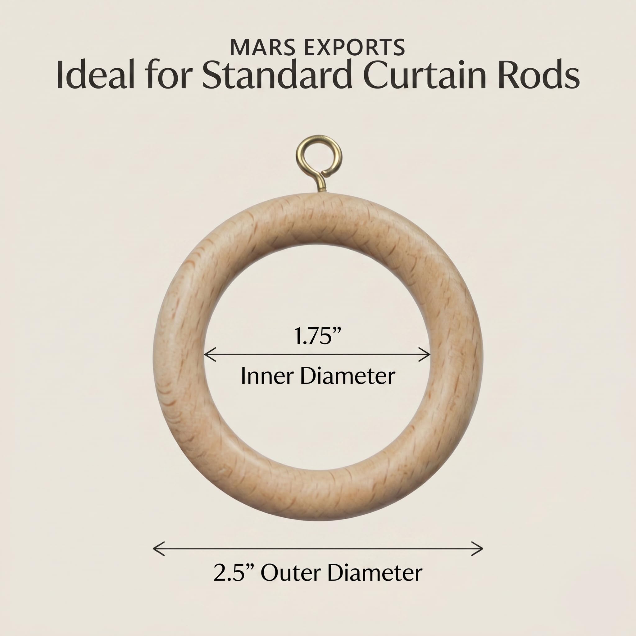Lot de 50 Anneaux de Tringle à Rideaux en Bois de 6,3 cm pour Tringle à Rideaux de 3,8 cm, diamètre intérieur de 4,4 cm, Bois de hêtre Naturel (127,2 cm, diamètre intérieur de 4,4 cm)
