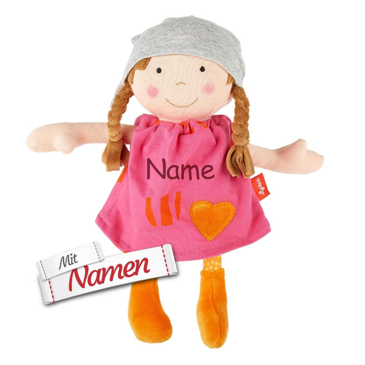 Sigikid Stoffpuppe Brenda Bilipup, mit Namen Bestickt, Babypuppe Spielpuppe erste Puppe für Baby Mädchen, personalisiert mit Wunschname, Geschenk zur Geburt, Taufe, Babyshower, ab 6 Monaten, Pink